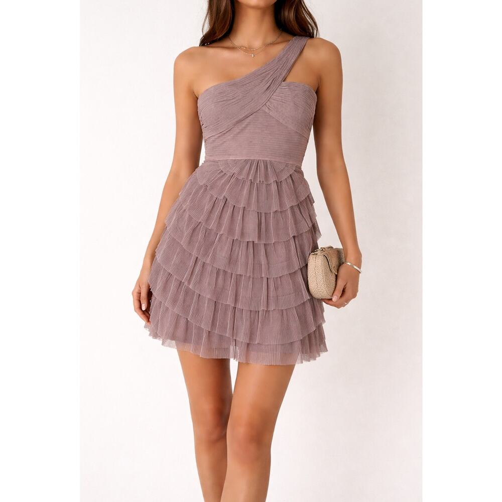 BCBGMAXAZRIA Ella One Shoulder Ruffle Mini Dress Sepia Taupe Size 10